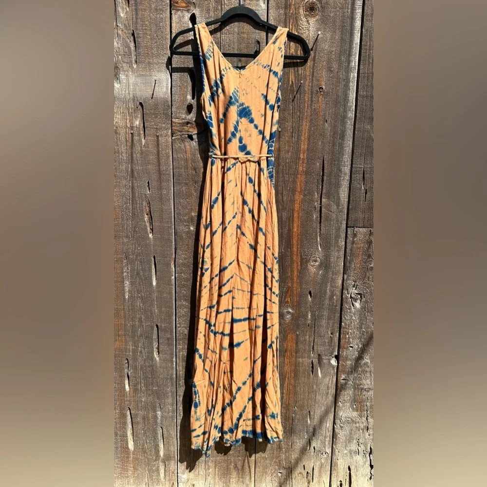 NWT Young Fabulous & Broke Blue Frida Dress in Tan & Blue w Slit & Belt - Picture 2 of 14